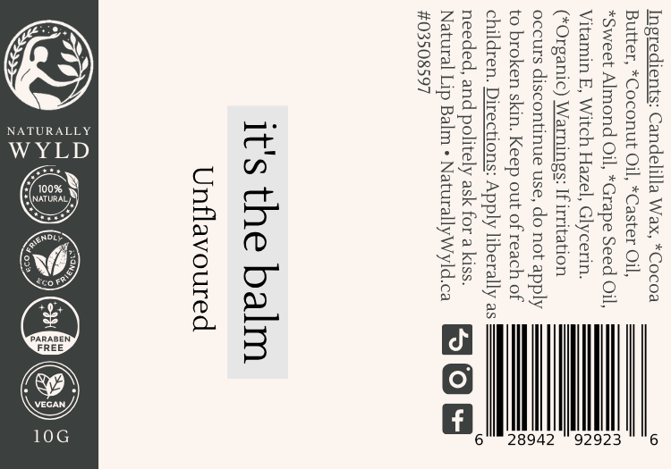 Unflavoured natural lip balm label with full ingredients list by Naturally Wyld