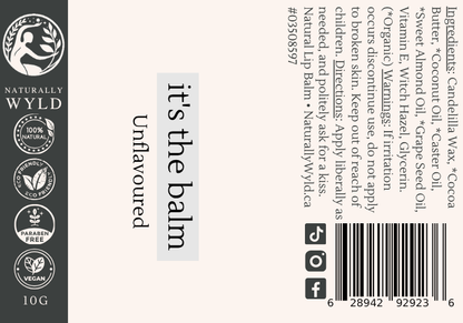 Unflavoured natural lip balm label with full ingredients list by Naturally Wyld