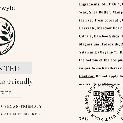 Unscented sensitive-skin natural deodorant label with full ingredients list by Naturally Wyld