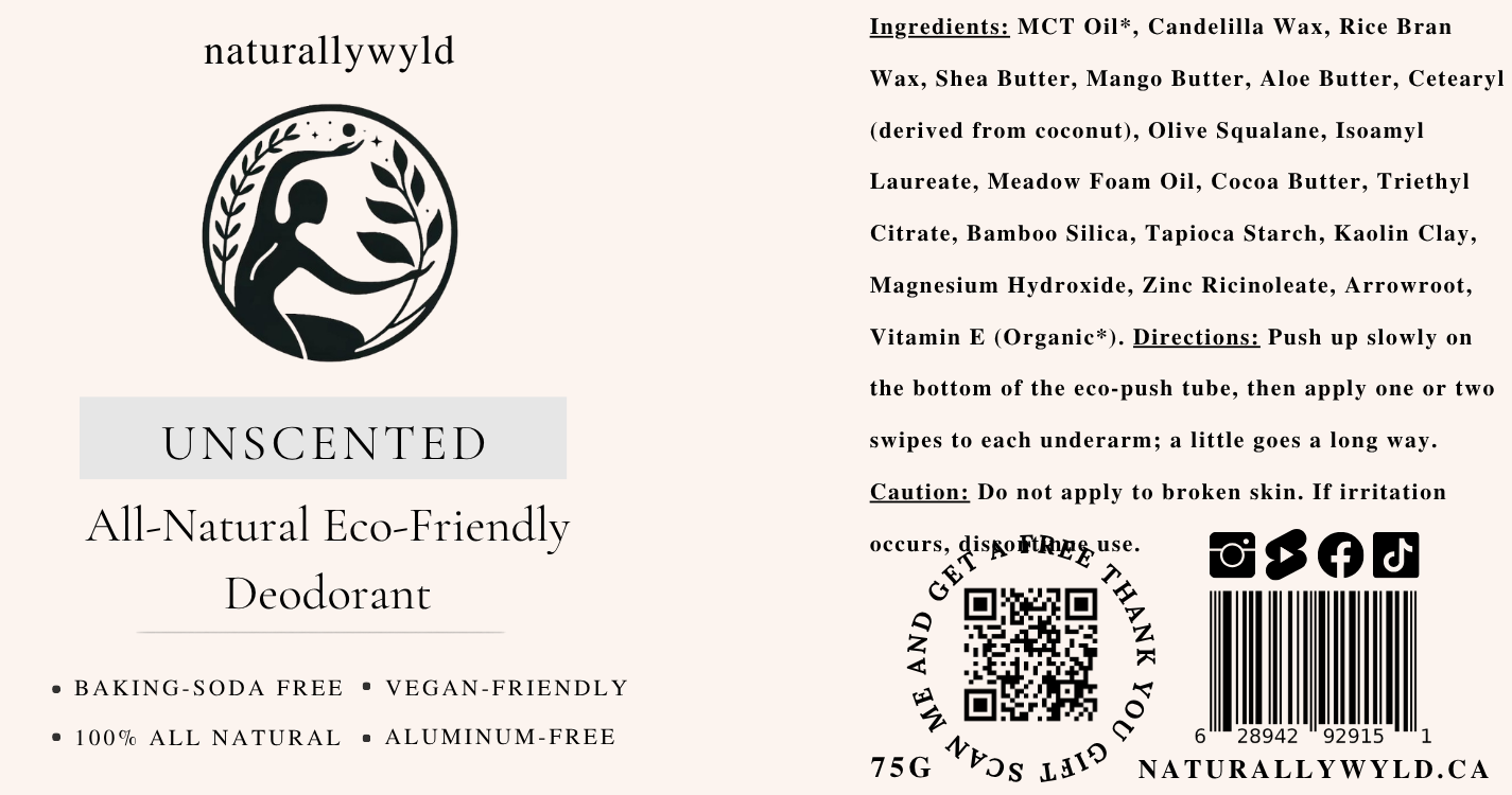 Unscented sensitive-skin natural deodorant label with full ingredients list by Naturally Wyld