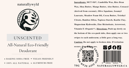 Unscented sensitive-skin natural deodorant label with full ingredients list by Naturally Wyld