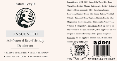 Unscented sensitive-skin natural deodorant label with full ingredients list by Naturally Wyld