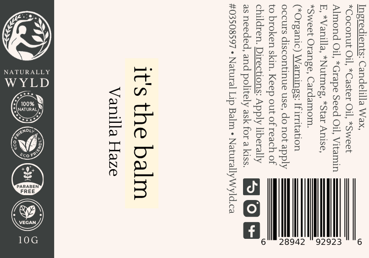 Vanilla Haze natural lip balm label with full ingredients list by Naturally Wyld