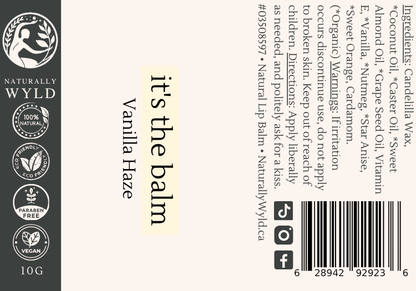 Vanilla Haze natural lip balm label with full ingredients list by Naturally Wyld