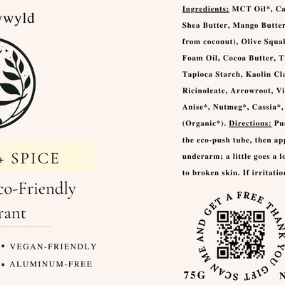 Vanilla and Spice natural deodorant label with full ingredients list by Naturally Wyld