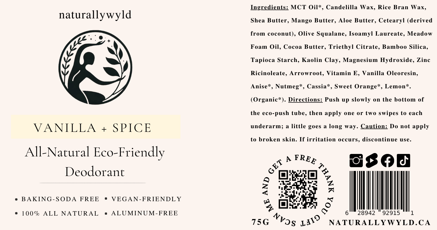 Vanilla and Spice natural deodorant label with full ingredients list by Naturally Wyld
