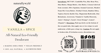 Vanilla and Spice natural deodorant label with full ingredients list by Naturally Wyld