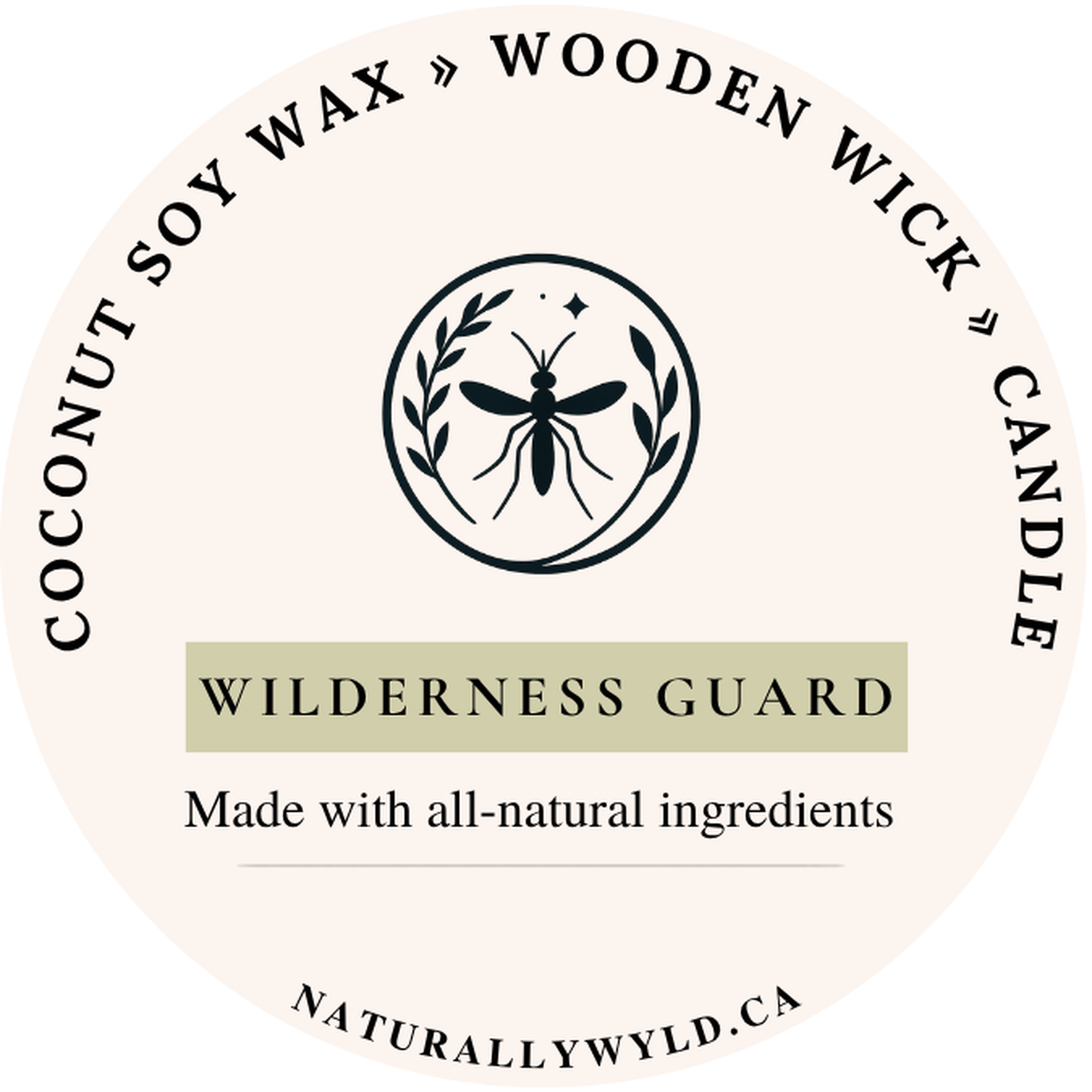 Wilderness Guard candle lid label — coconut soy wax wooden wick, scented with essential oils