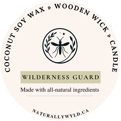 Wilderness Guard candle lid label — coconut soy wax wooden wick, scented with essential oils