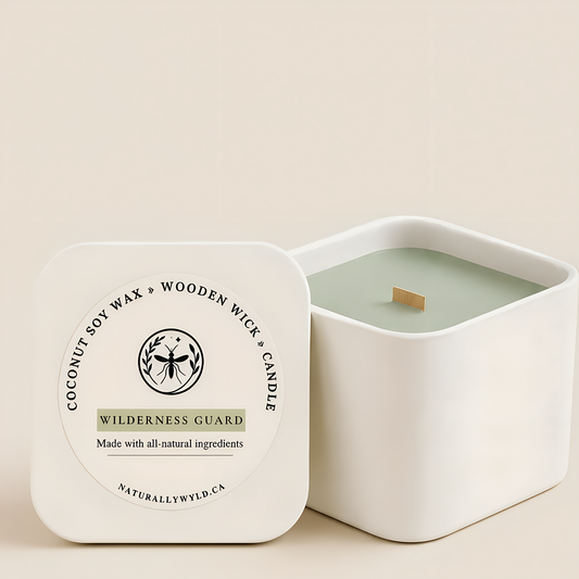 Wilderness Guard coconut soy wax wooden wick candle in 8oz white tin by Naturally Wyld