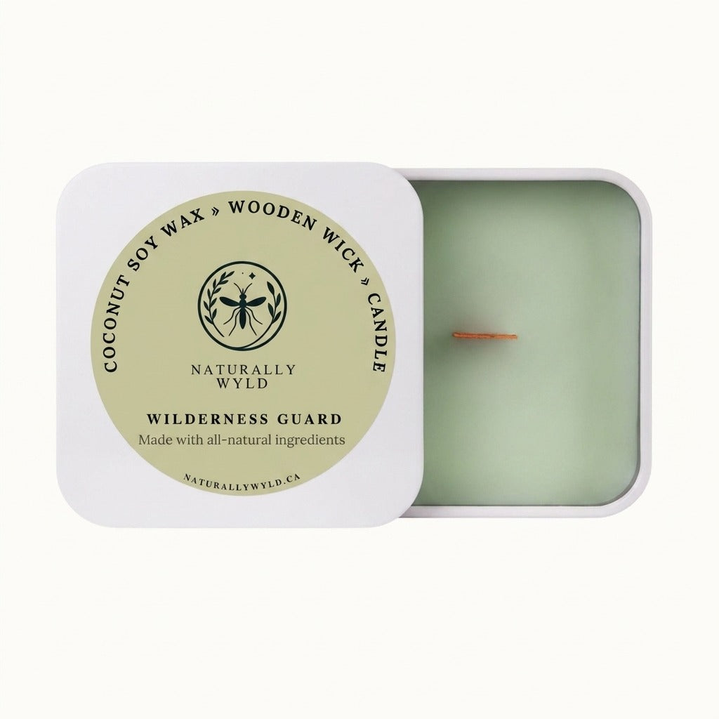Wilderness Guard coconut soy wax wooden wick candle — white square tin with sage botanical label on the lid, hand-poured by Naturally Wyld