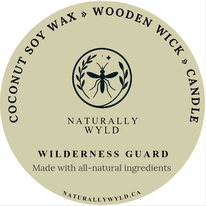 Wilderness Guard candle label — coconut soy wax wooden wick candle with botanical emblem, Naturally Wyld