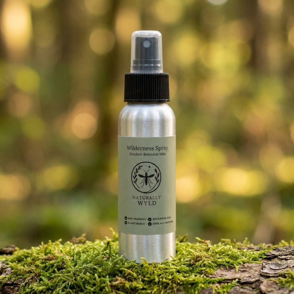 Wilderness Spray Outdoor Botanical Mist lifestyle — aluminum bottle on a moss-covered log in a soft-focus forest, plant-based botanical mist by Naturally Wyld