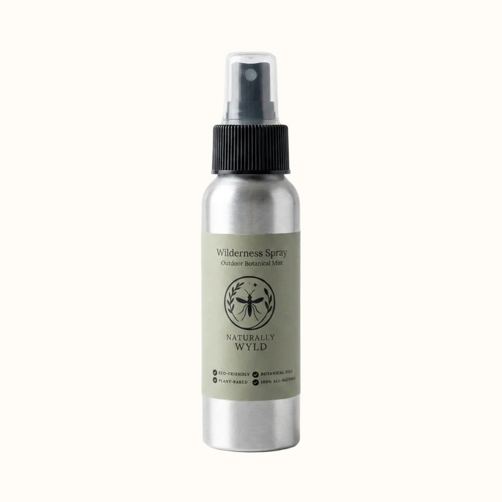 Wilderness Spray Outdoor Botanical Mist — brushed aluminum bottle with sage green label, plant-based botanical mist hand-crafted by Naturally Wyld in Kelowna, BC