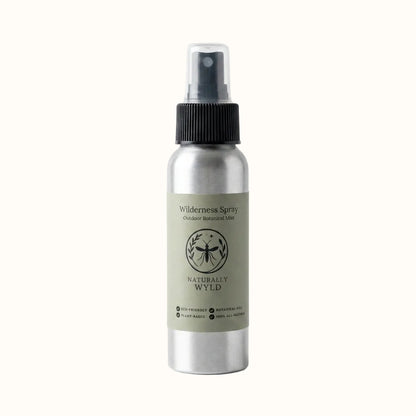 Wilderness Spray Outdoor Botanical Mist — brushed aluminum bottle with sage green label, plant-based botanical mist hand-crafted by Naturally Wyld in Kelowna, BC