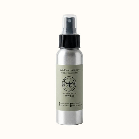 Wilderness Spray Outdoor Botanical Mist — brushed aluminum bottle with sage green label, plant-based botanical mist hand-crafted by Naturally Wyld in Kelowna, BC