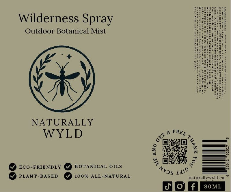 Wilderness Spray outdoor botanical mist label — plant-based aromatic spray with lemongrass, cedarwood, rosemary, and peppermint essential oils, Naturally Wyld