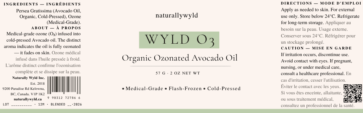 WYLD O3 ozonated avocado oil label