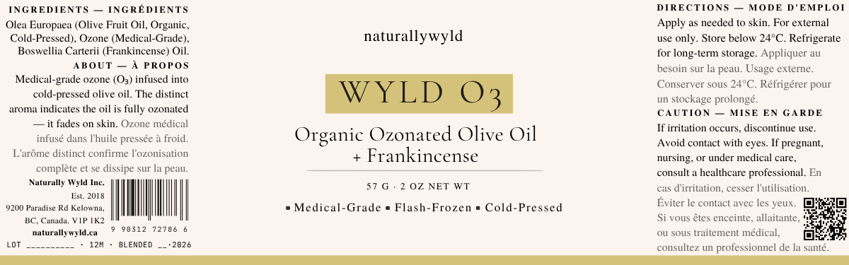 WYLD O3 ozonated olive oil with frankincense label