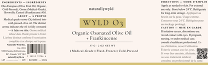 WYLD O3 ozonated olive oil with frankincense label