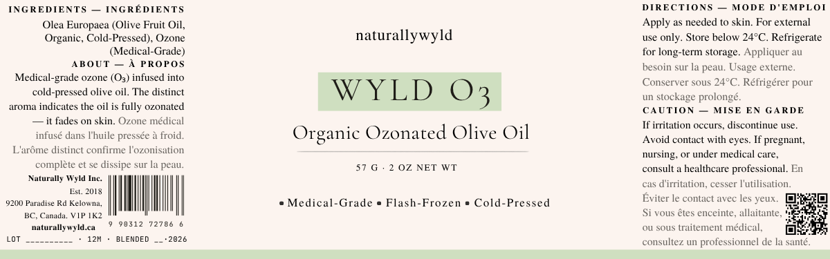 WYLD O3 organic ozonated olive oil label