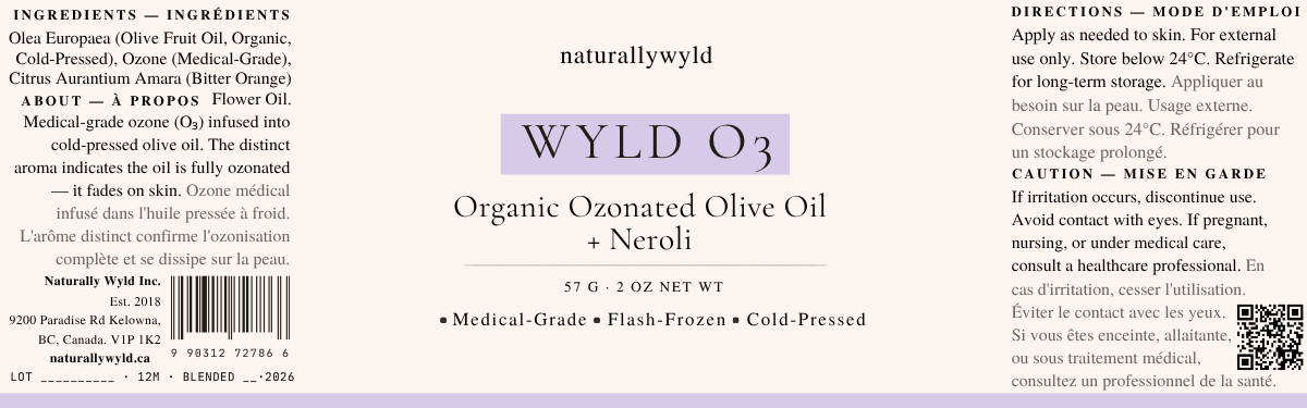 WYLD O3 ozonated olive oil with neroli label