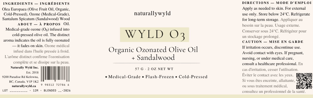 WYLD O3 ozonated olive oil with sandalwood label