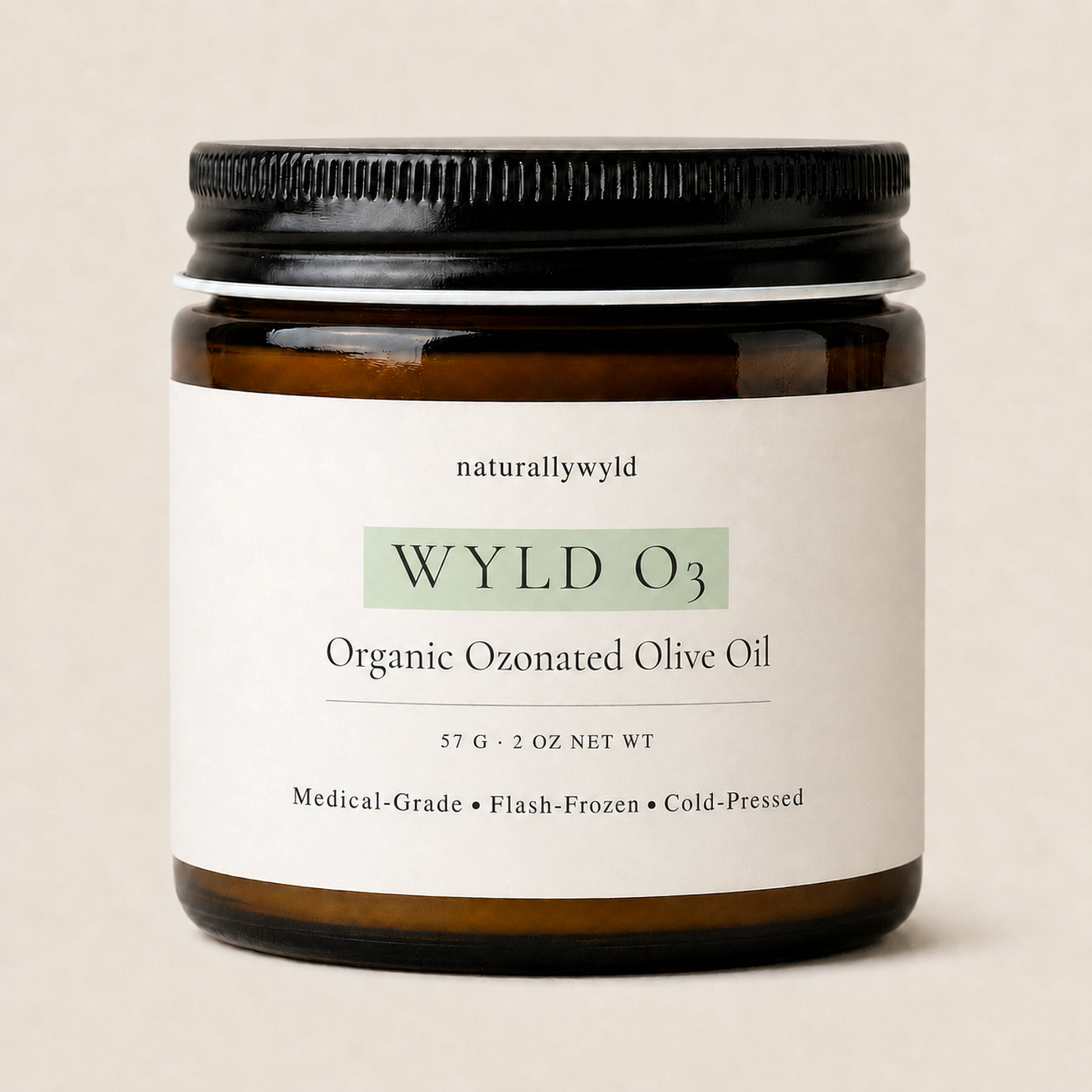 WYLD O3 organic ozonated olive oil in 2oz amber jar by Naturally Wyld