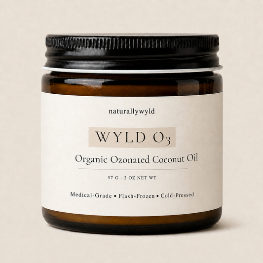WYLD O3 ozonated coconut oil in 2oz amber jar by Naturally Wyld