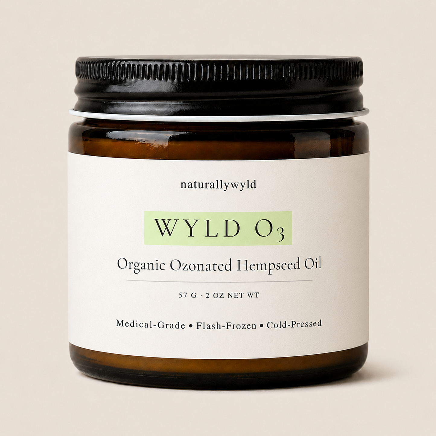 WYLD O3 ozonated hempseed oil in 2oz amber jar by Naturally Wyld