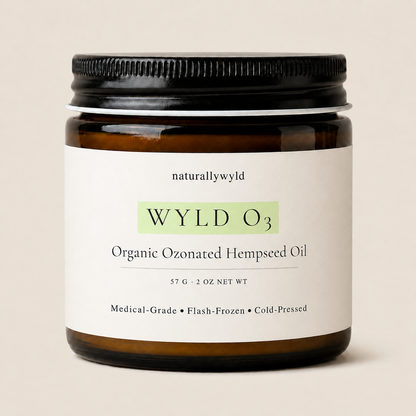 WYLD O3 ozonated hempseed oil in 2oz amber jar by Naturally Wyld