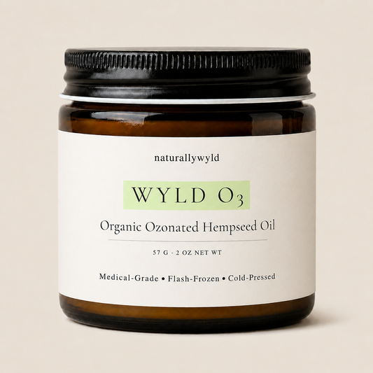 WYLD O3 ozonated hempseed oil in 2oz amber jar by Naturally Wyld