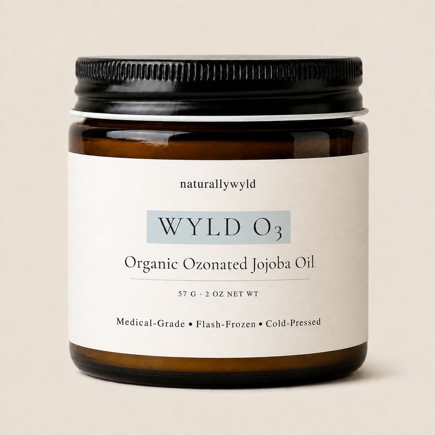WYLD O3 ozonated jojoba oil in 2oz amber jar by Naturally Wyld