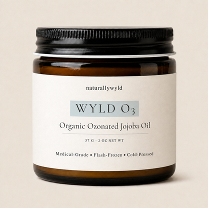 WYLD O3 ozonated jojoba oil in 2oz amber jar by Naturally Wyld