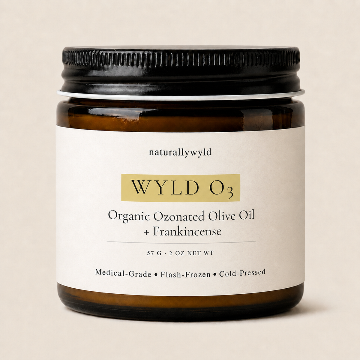 WYLD O3 organic ozonated olive oil with frankincense in 2oz amber jar by Naturally Wyld