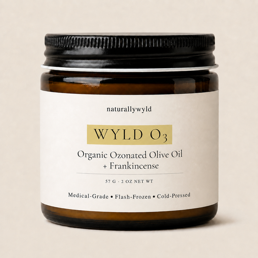 WYLD O3 organic ozonated olive oil with frankincense in 2oz amber jar by Naturally Wyld