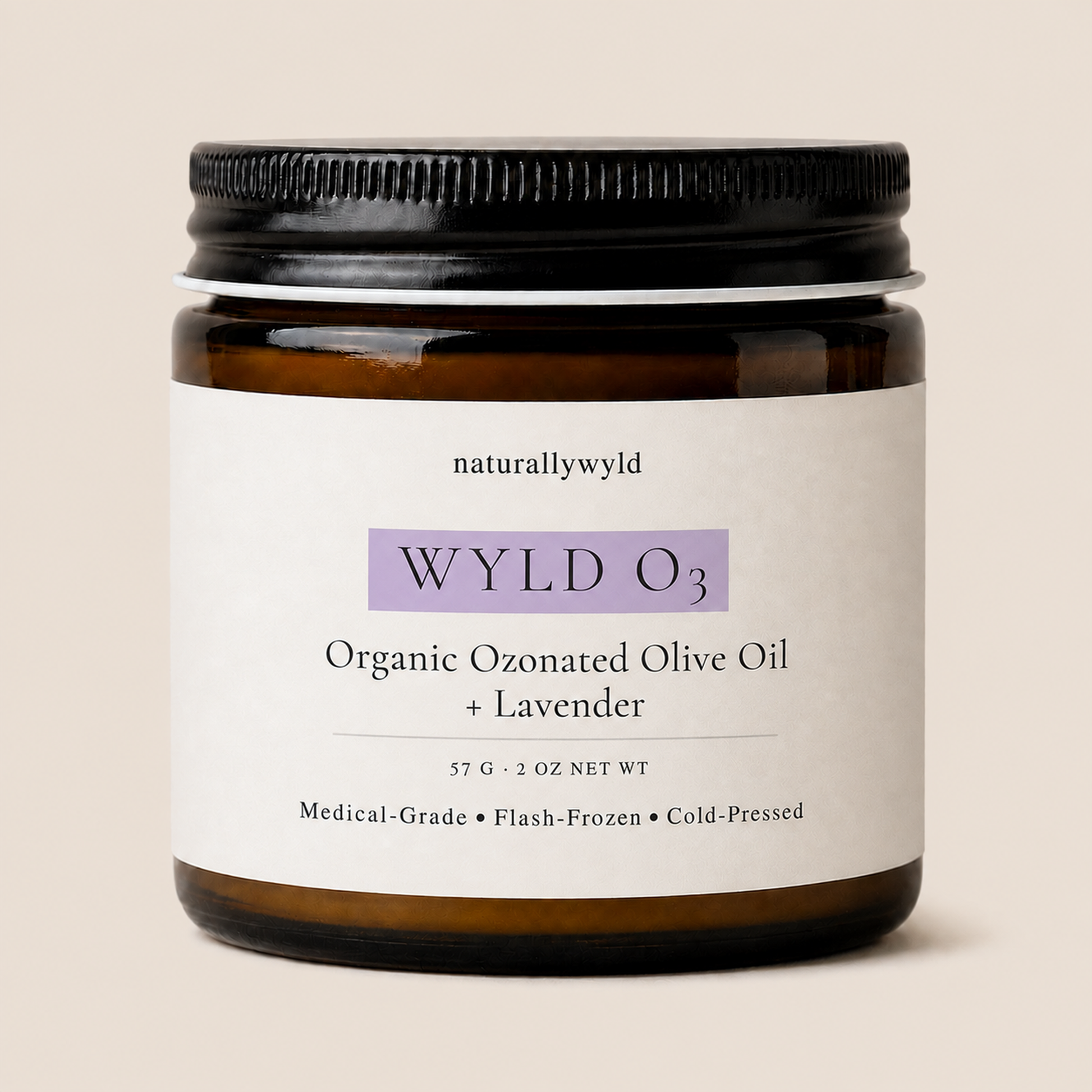 WYLD O3 organic ozonated olive oil with lavender in 2oz amber jar by Naturally Wyld