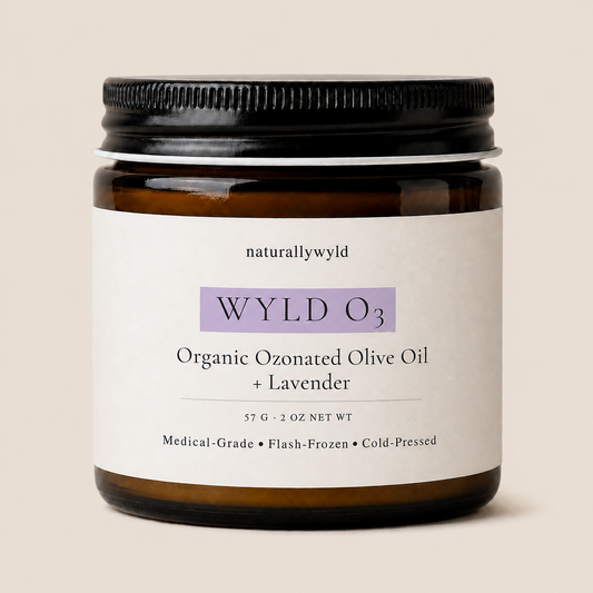 WYLD O3 organic ozonated olive oil with lavender in 2oz amber jar by Naturally Wyld