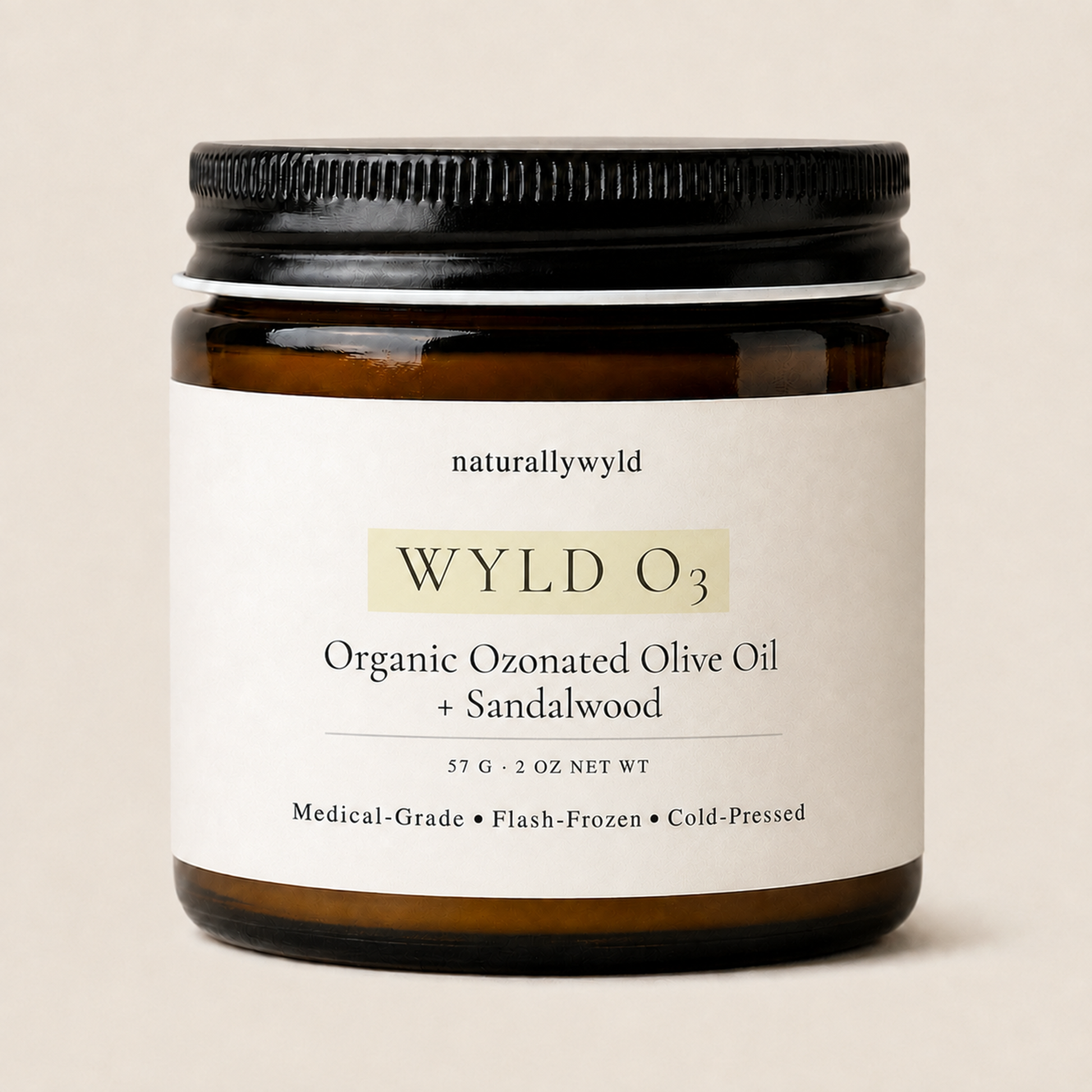 WYLD O3 organic ozonated olive oil with sandalwood in 2oz amber jar by Naturally Wyld