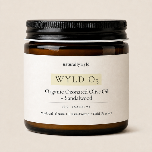 WYLD O3 organic ozonated olive oil with sandalwood in 2oz amber jar by Naturally Wyld