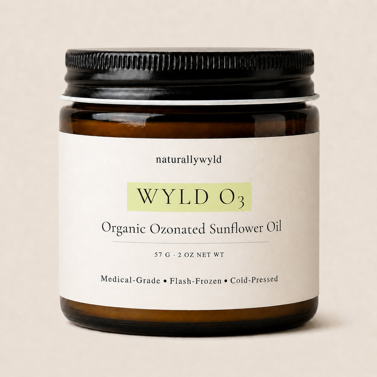 WYLD O3 ozonated sunflower oil in 2oz amber jar by Naturally Wyld