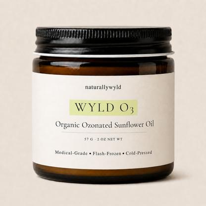 WYLD O3 ozonated sunflower oil in 2oz amber jar by Naturally Wyld