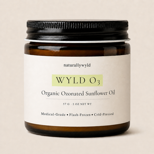 WYLD O3 ozonated sunflower oil in 2oz amber jar by Naturally Wyld