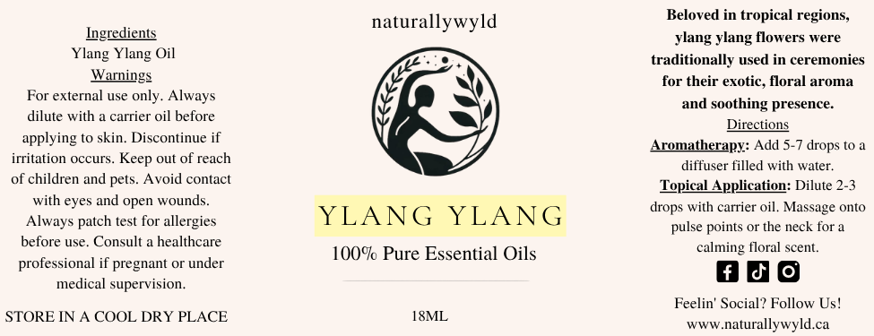 Pure Ylang Ylang Essential Oil label in pale lemon yellow for the Naturally Wyld 18ml amber bottle