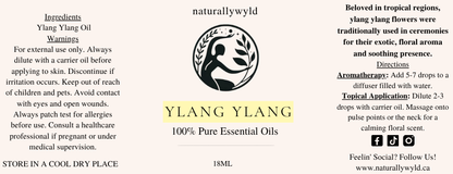 Pure Ylang Ylang Essential Oil label in pale lemon yellow for the Naturally Wyld 18ml amber bottle